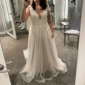 SOLD- Oleg Cassini Cap Sleeve Pearl Tulle Wedding Dress with Low Back